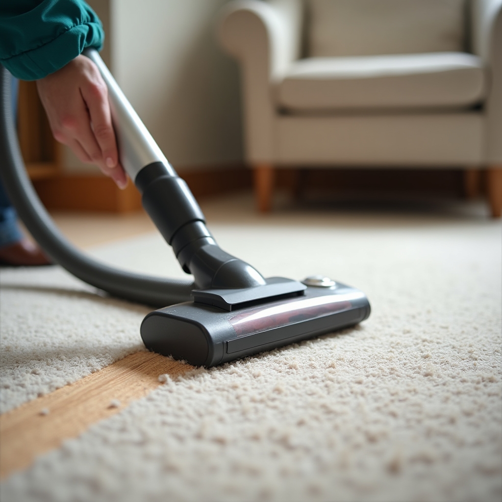 Carpeted room being vacuumed thoroughly along the edges near the baseboards