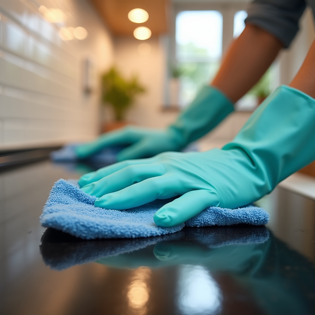 Close-up of a kitchen counter and stovetop being wiped down during a deep clean