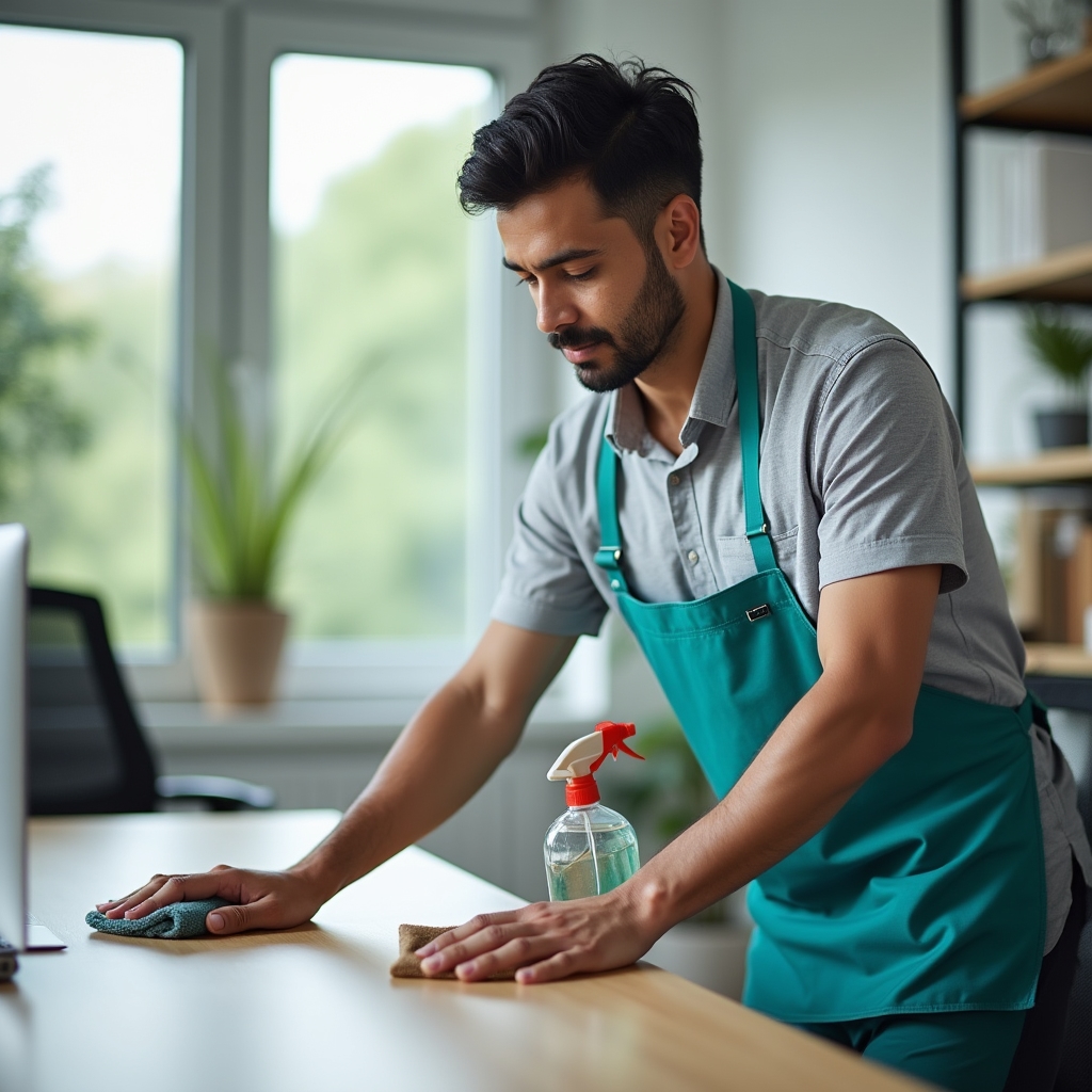 Cleaning professional sanitizing a shared desk in a small office setting