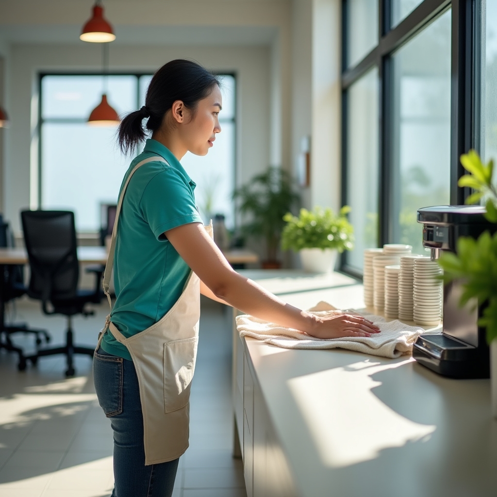 Bright small office common area with a kitchenette being cleaned